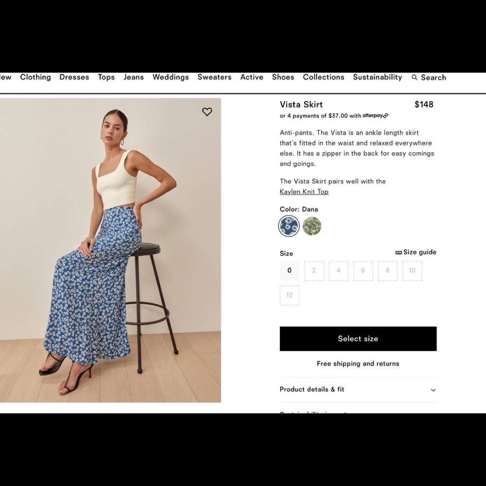 Reformation Vista skirt - blue size 4